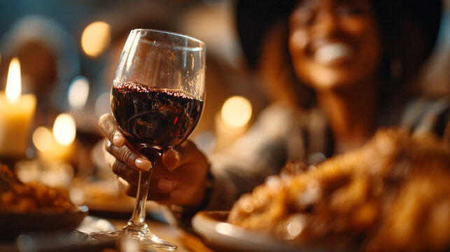 Woman holding red wine glass during festive evening dinner party at restaurant with social gathe