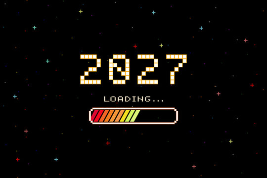 LOADING 2027. pixel art. 8 bit. Retro Futurism Sci-Fi Background. glowing neon grid and star from vintage arcade computer games