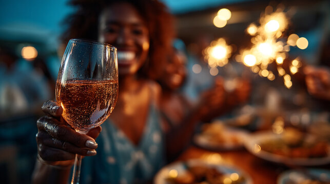 Woman toasting with glass of rose wine amidst festive sparklers at outdoor dinner party