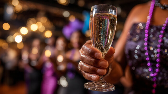 Woman holding glass of sparkling champagne at elegant gala event party with flute