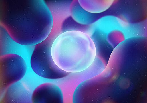 Glowing neon spheres merging in vibrant cosmic gradient background