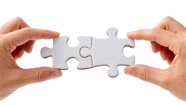 Two hands connecting white jigsaw puzzle pieces, isolated on transparent background