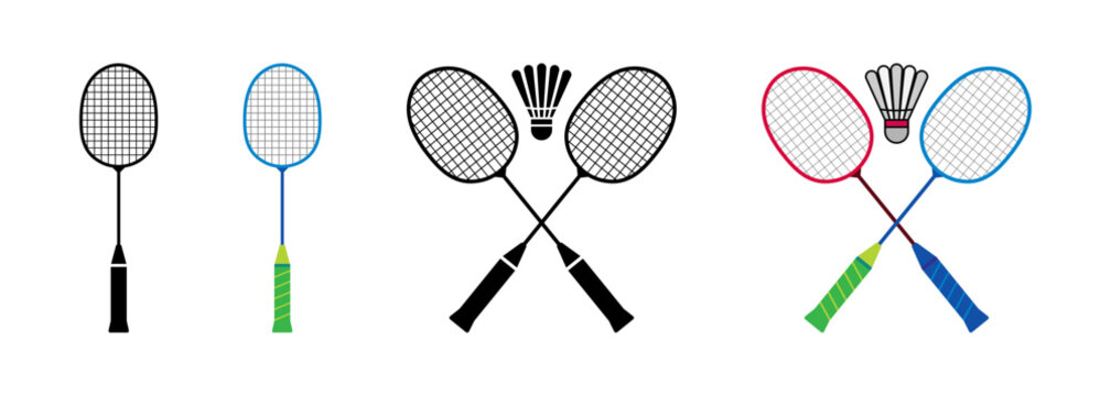 Badminton racket and shuttlecock set with crossed rackets for sports game equipment symbols. Transparent vector illustration