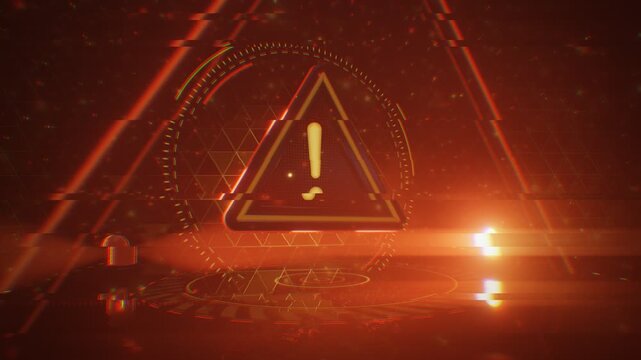 Flashing 3D Warning Triangle Sign with Glowing Exclamation Mark and Red Beacon Beams Loop