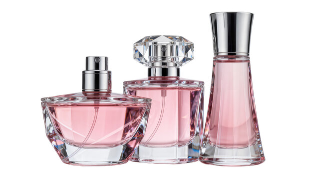Three elegant glass perfume bottles with pink liquid, isolated on transparent background
