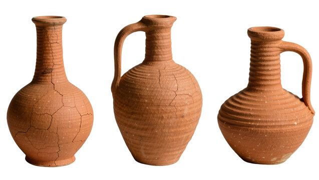 Three ancient terracotta amphorae with cracked surfaces, isolated on transparent background
