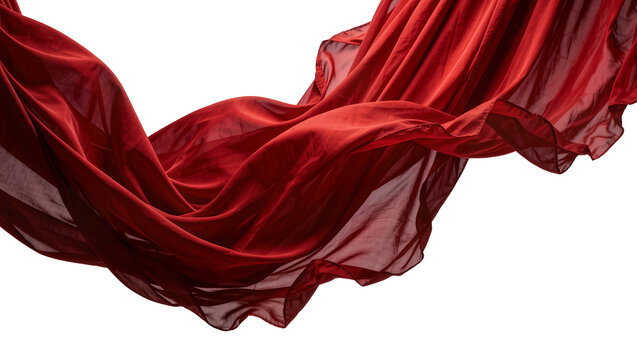 Flowing deep red silk fabric with soft folds, isolated on transparent background