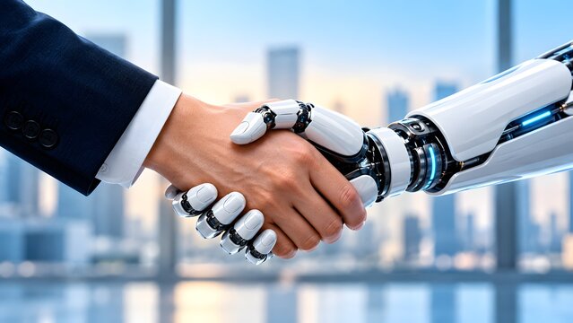 Close-up of a businessman and a robot shaking hands in a modern office representing the partnership between humans and artificial intelligence