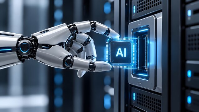 Robotic hand installing an advanced AI processor chip into a modern data center server rack for automated computing