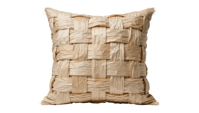 Woven raffia square cushion with textured surface, isolated on transparent background