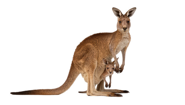 Mother kangaroo with joey in pouch, isolated on transparent background