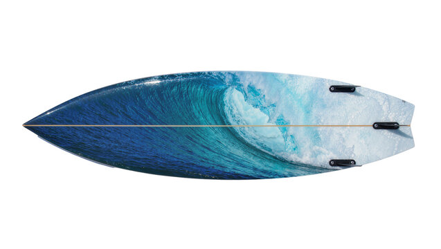 Surfboard with crashing ocean wave graphic, isolated on transparent background