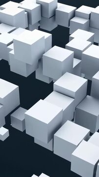 Floating white geometric cubes drift through dark abstract space. Technology presentation, corporate title sequence, and digital transformation campaign.