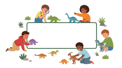 Diverse group of curious children playing with various colorful dinosaur toy figurines around a large blank white horizontal frame for text. © Hulu