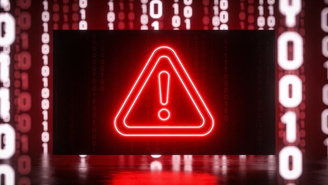 Glowing red warning triangle alert symbol over digital binary code background