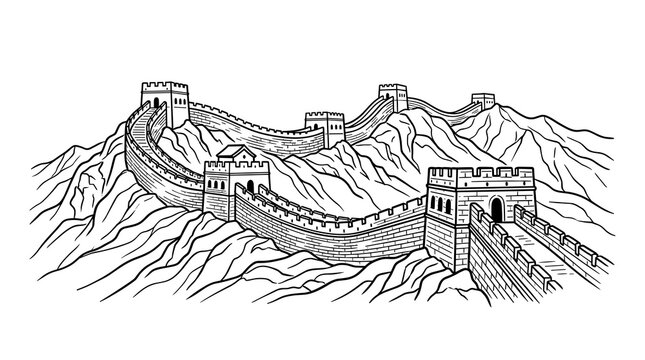 Hand-drawn black and white vector sketch of the Great Wall of China winding through mountain ridges with watchtowers and ancient stone fortifications, isolated on a white background.