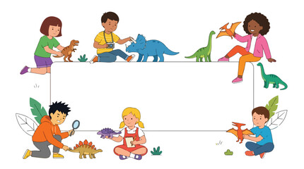 Diverse children interact with colorful dinosaur toys around a large empty white banner, perfect for custom educational messages. © Hulu