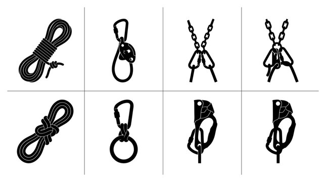 Climbing gear set with rope, carabiner, pulley, and ascender silhouettes for safety and sport
