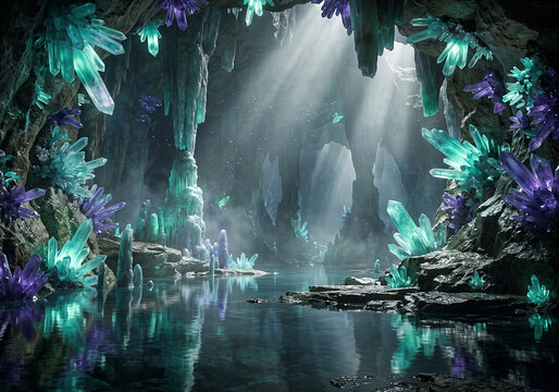 Glowing crystal cave interior with vibrant mineral formations and