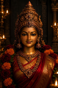 Gorgeous devi lakshmi face framed with dark orange marigold flowers shining near glowing oil lamps ready for the kojagori lakshmi puja celebration