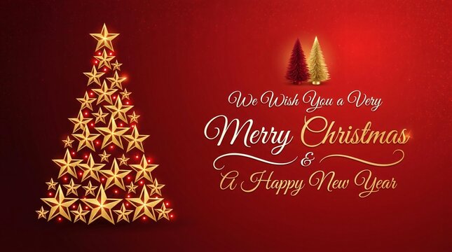 Christmas stars tree golden on shiny red bokeh abstract vector background