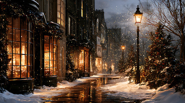A magical Christmas evening on a snowy European cobblestone street, with sparkling shop windows, historic stone buildings, illuminated evergreen trees, festive lights, and falling snow. A magical atmo