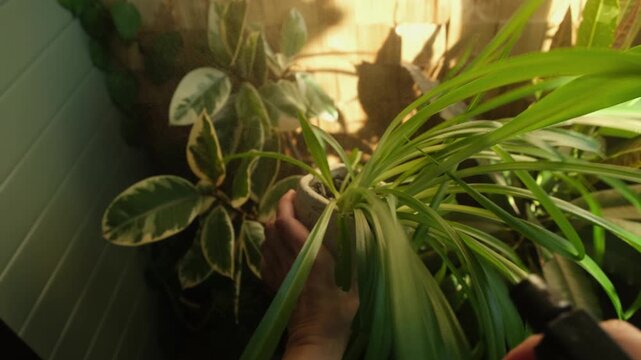 Woman spraying chlorophytum houseplant. Home gardening, plants care