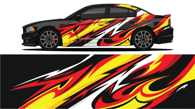 Car Wrap Design with Aggressive Flame Livery in Red Yellow Black