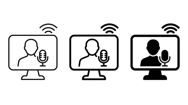 Online communication icons with person speaking into microphone during live broadcast