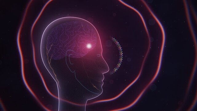 Migraine Throbbing Pain Waves Pulsing From Temple Through Holographic Human Head Brain And Nerves