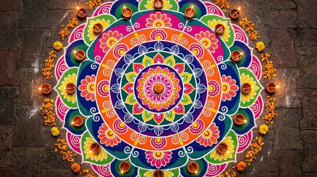 Intricate colorful mandala design with floral and geometric patterns on a white background