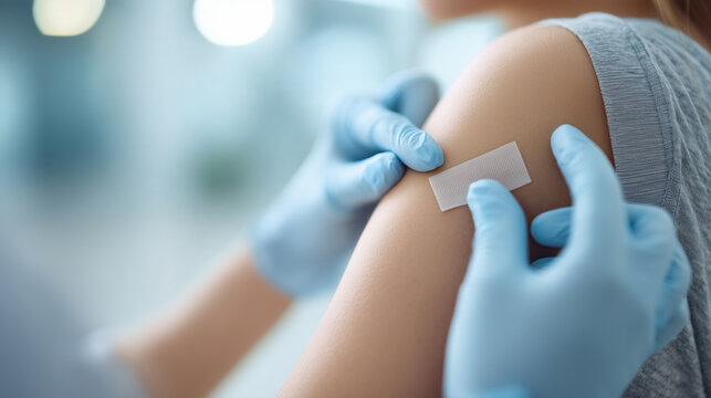 Close-up of a healthcare professional applying an adhesive bandage to an upper arm after an injection, representing vaccination aftercare, patient safety and preventive healthcare.
