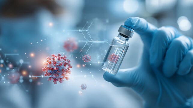 Gloved hand holding a medicine vial beside a microscopic virus illustration and molecular graphics, representing vaccine research, infectious disease prevention and pharmaceutical innovation.