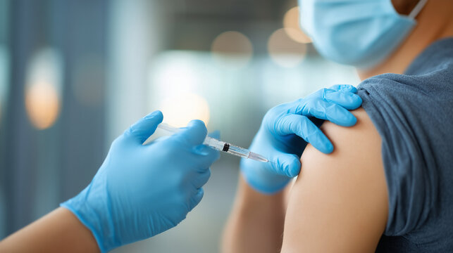 Close-up of a healthcare worker administering an intramuscular injection into a patient's upper arm, illustrating vaccination, medical treatment and routine immunization.