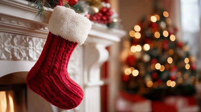 Close-up of a red cable-knit Christmas stocking with a fluffy white cuff hanging from an ornate fireplace, with a softly blurred Christmas tree and warm golden lights in the background.