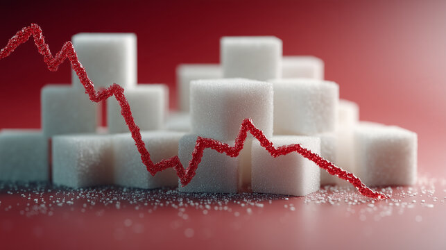 Red downward trend line made of textured sugar crystals in front of stacked white sugar cubes on a burgundy background, illustrating declining prices, financial loss and economic downturn.