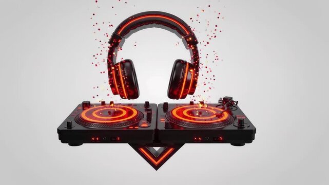 Neon DJ headphones and electronic turntable with modern music logo