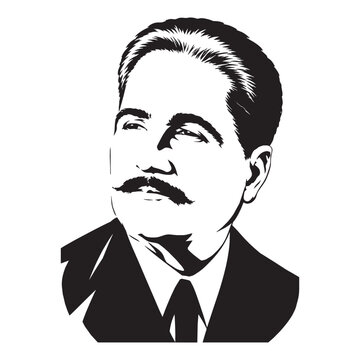 Historic Pakistani poet portrait in black and white vector illustration