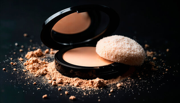 Open Compact Face Powder with Puff and Scattered Powder on Black Background