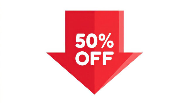 Red arrow icon with 50 percent off text