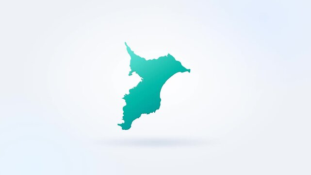 千葉県の形をした厚みのある立体地図がゆっくり左右に回転する3Dアニメーション　白背景・青緑のグラデーション・マットな質感・20秒シームレスループ