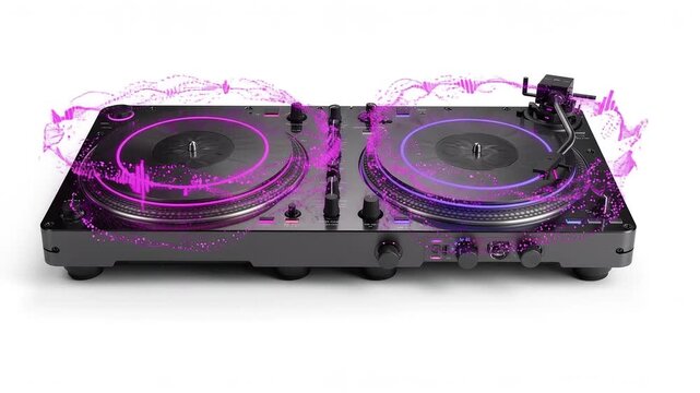 Modern DJ turntable with neon logo and sound waves isolated