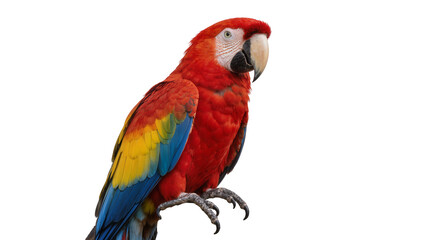 Scarlet macaw parrot perched on a branch, isolated on transparent background © Viktor