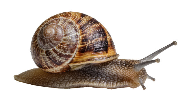 Brown spiral shell snail with textured body, isolated on transparent background