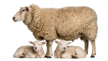Fluffy sheep mother with two adorable lambs resting peacefully, isolated on transparent background © Viktor