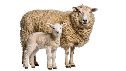 Fluffy sheep and lamb standing together, isolated on transparent background © Viktor