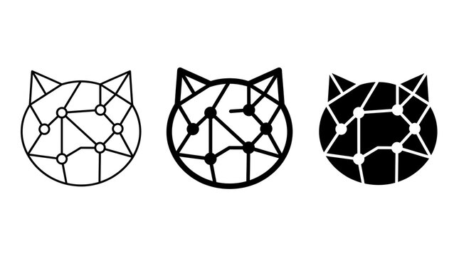 Geometric Cat Head Icons with Connected Nodes in Outline Filled and Solid Variations