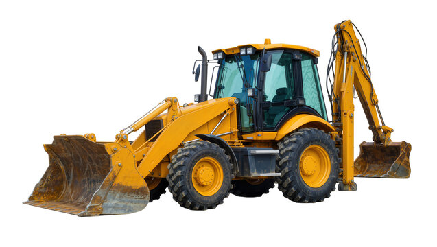 Yellow backhoe loader with front loader and rear excavator, isolated on transparent background