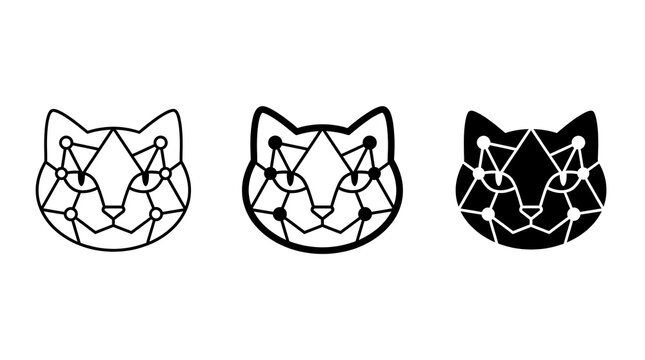 Geometric cat head icons with network nodes in line art and solid fills for digital branding and technology concepts
