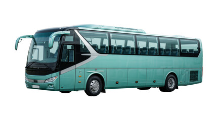 Modern teal passenger bus with tinted windows, isolated on transparent background © Viktor